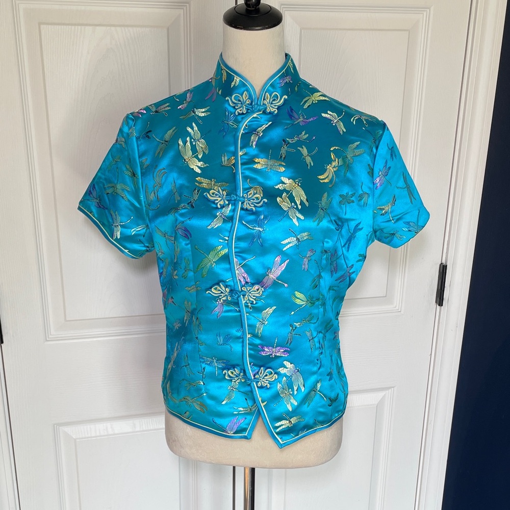 Vintage Peony Brand Shanghai Turquoise Mandarin Collar‎ Dragonfly Embroidery Top